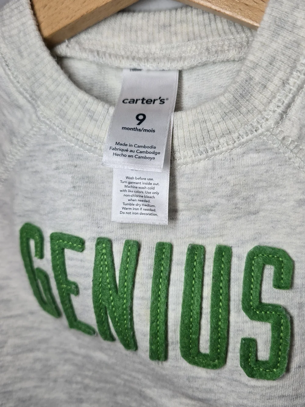 Carter's Light Heather Gray One-Piece Footie with Green 'GENIUS' Lettering